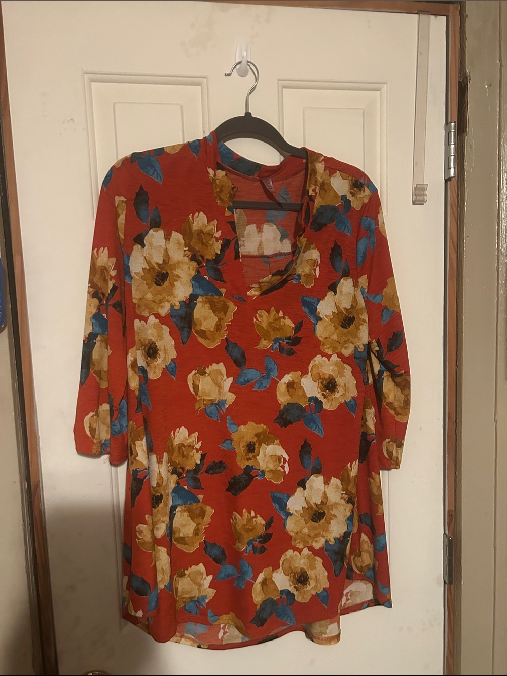Rust Floral V‑Neck Tunic Top with Blue and Cream Accents lightweight